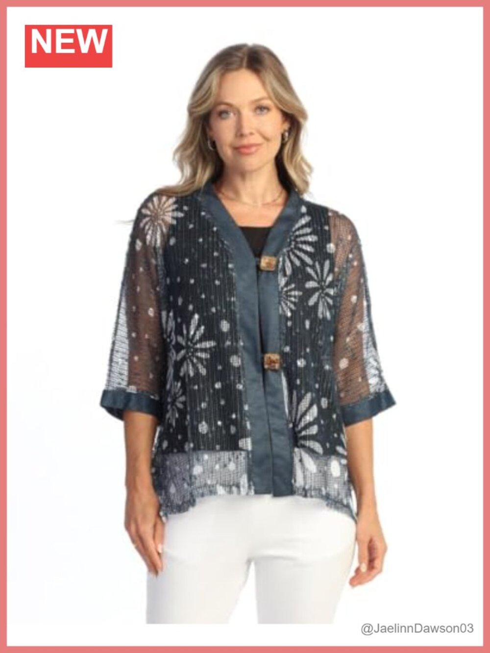 Lightweight Boucle Mesh Two-Button Cardigan 3/4 Sleeve V-Neck